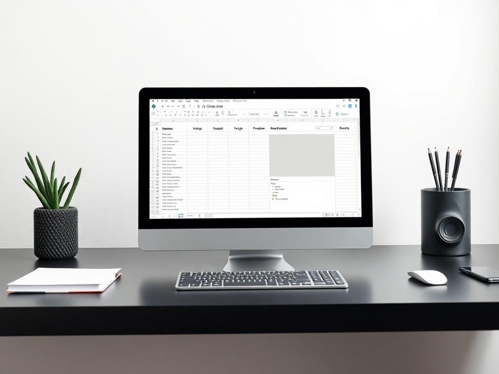 A clean, minimalistic image of a digital device displaying a well-organized website layout template on a spreadsheet. The background should be simple with neutral colors, emphasizing the clarity of the template. The device should be placed on a sleek desk with minimalistic accessories, creating a professional atmosphere.