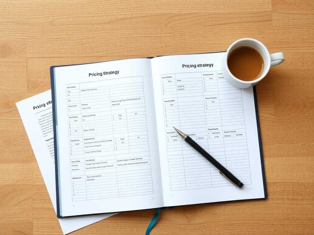 A high-resolution image featuring an open workbook with pricing strategy worksheets spread out on a wooden table. The setting should be minimalistic, with soft, natural lighting highlighting the clean lines of the workbook. Include a pen and a cup of coffee to convey a productive working atmosphere.