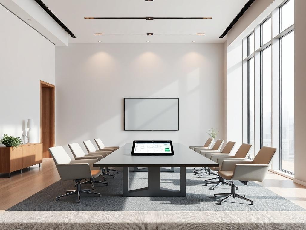 An elegant conference room with a single tablet showing an