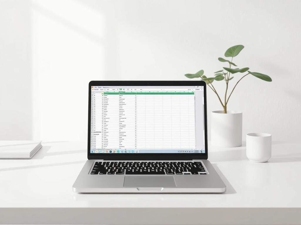 A clean, modern workspace featuring a single laptop open to