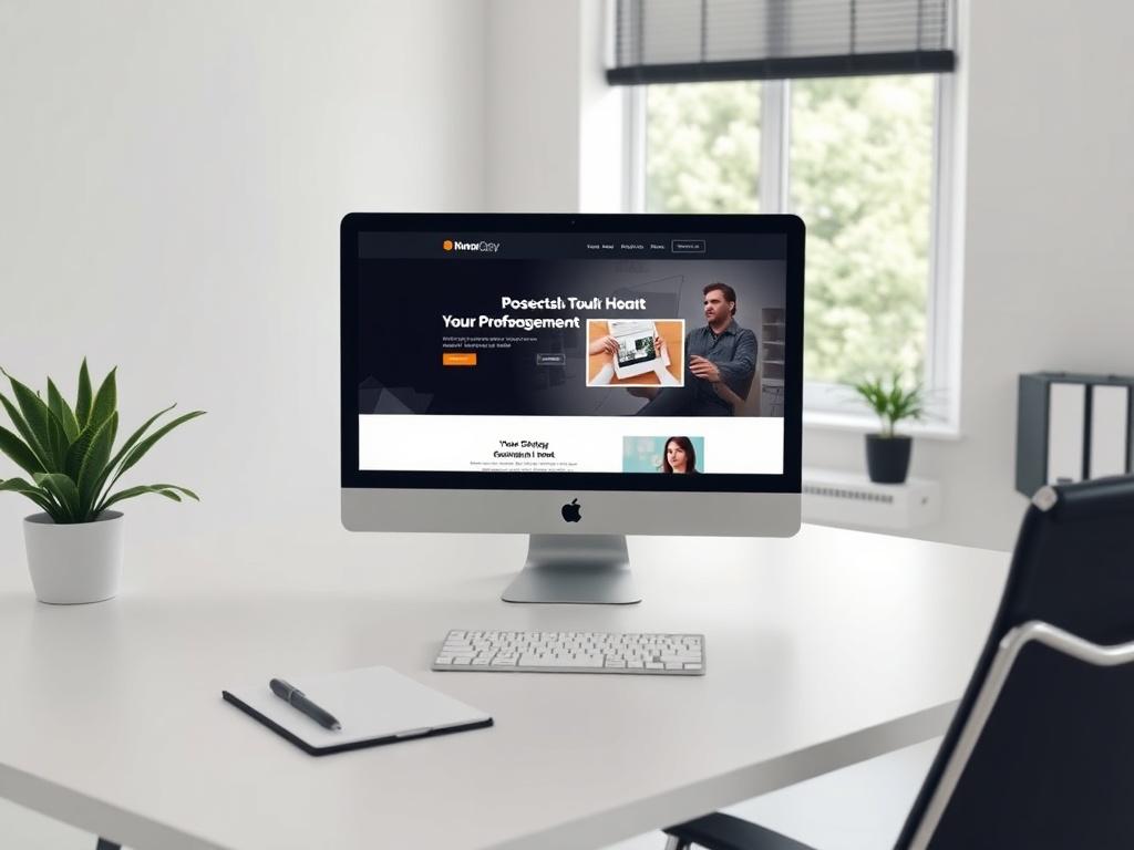A stylish office environment with a single desktop computer displaying