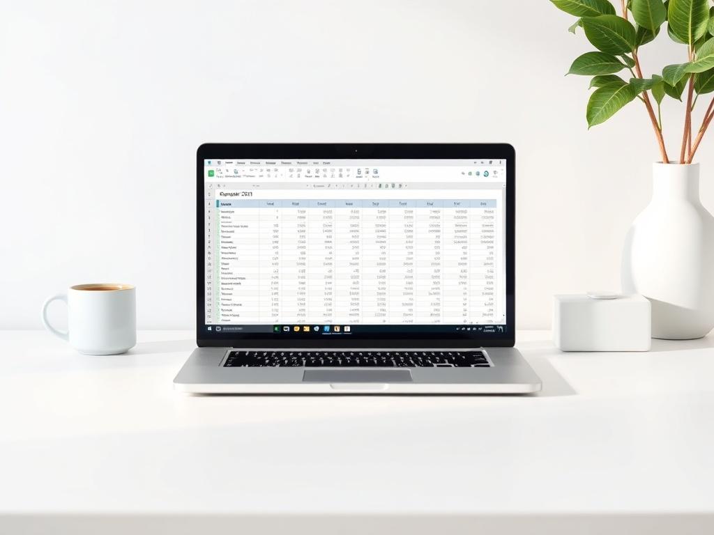 A clean and minimalistic workspace featuring a modern laptop open