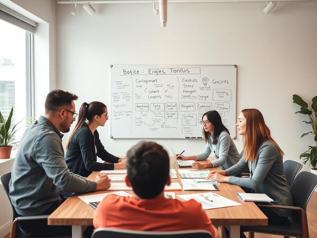 A focused group of professionals in a modern workshop setting,