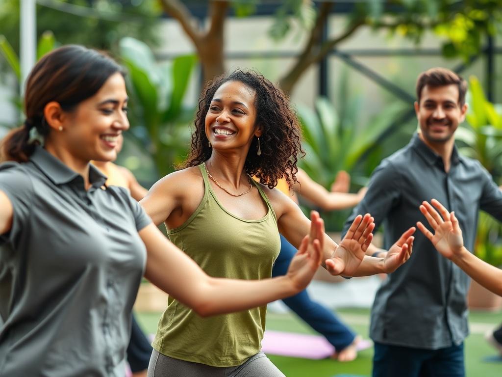 A vibrant close-up shot of employees participating in a workplace wellness event, engaging in activities like yoga or team exercises. The setting is an outdoor space with greenery, promoting a sense of relaxation and community. Participants are smiling and interacting positively, showcasing a supportive work culture. The image conveys a sense of health, happiness, and teamwork.