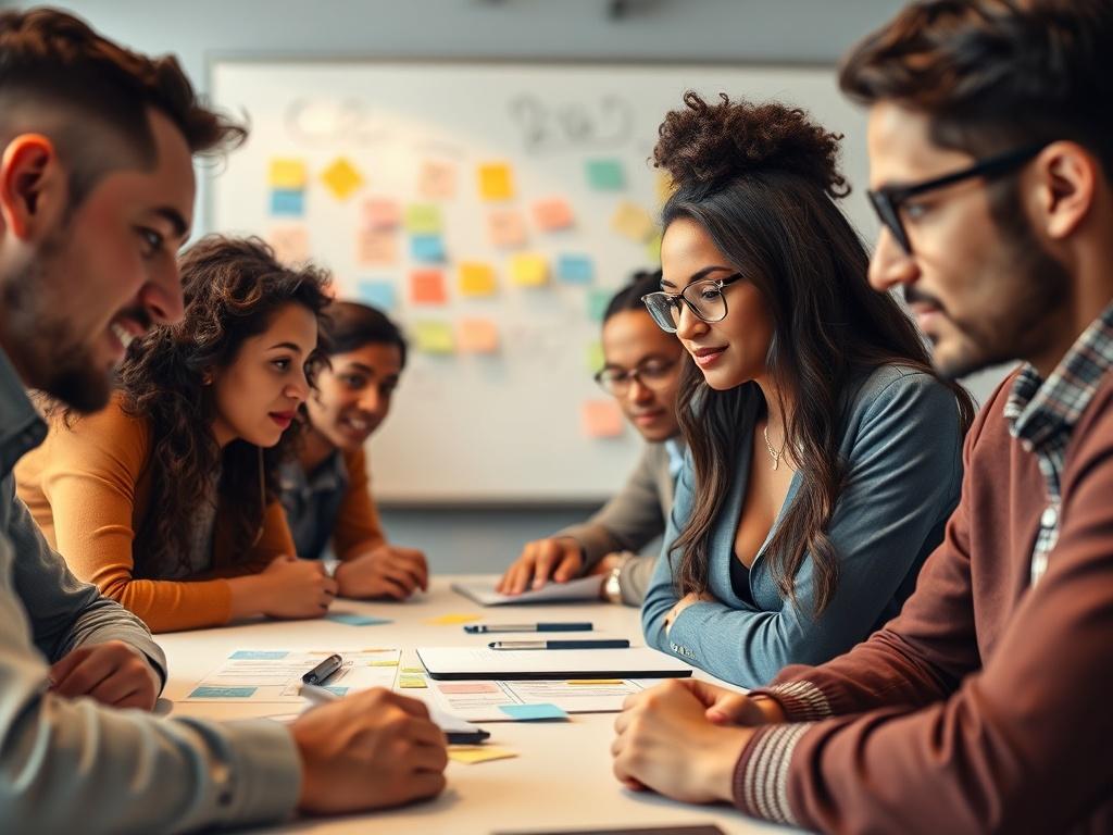 A close-up shot of a diverse group of professionals engaged in a workshop, focusing on collaboration and communication. The setting is a bright, modern conference room with a large whiteboard filled with colorful notes. The image captures the participants' expressions of concentration and enthusiasm, emphasizing teamwork. The lighting is warm and inviting, creating an atmosphere of positivity and growth.