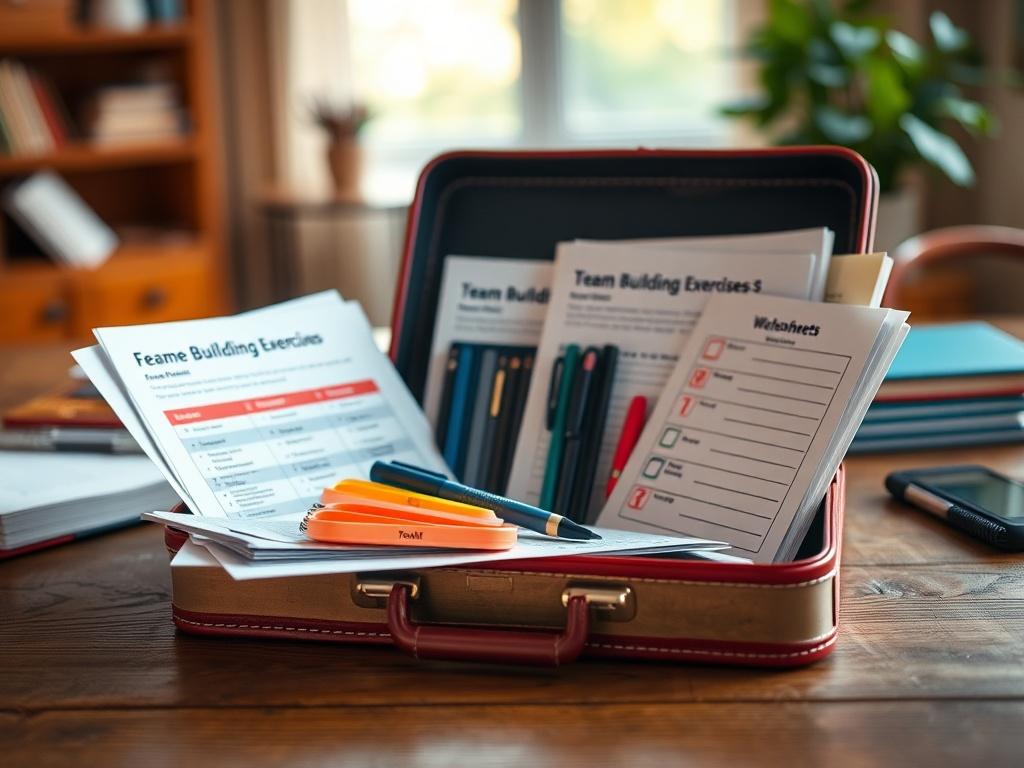 A close-up shot of an open toolkit on a wooden desk, showcasing colorful worksheets, team-building exercises, and assessment tools. The background should be softly blurred, emphasizing the toolkit as the main subject, with warm lighting to create a welcoming atmosphere.