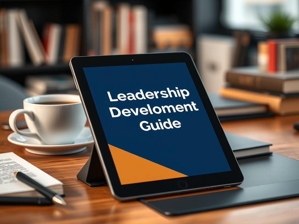 A high-resolution image of an eBook cover featuring the title 'Leadership Development Guide' on a digital tablet placed on a stylish office desk. The background should include a blurred bookshelf and a warm cup of coffee, suggesting a cozy reading environment.