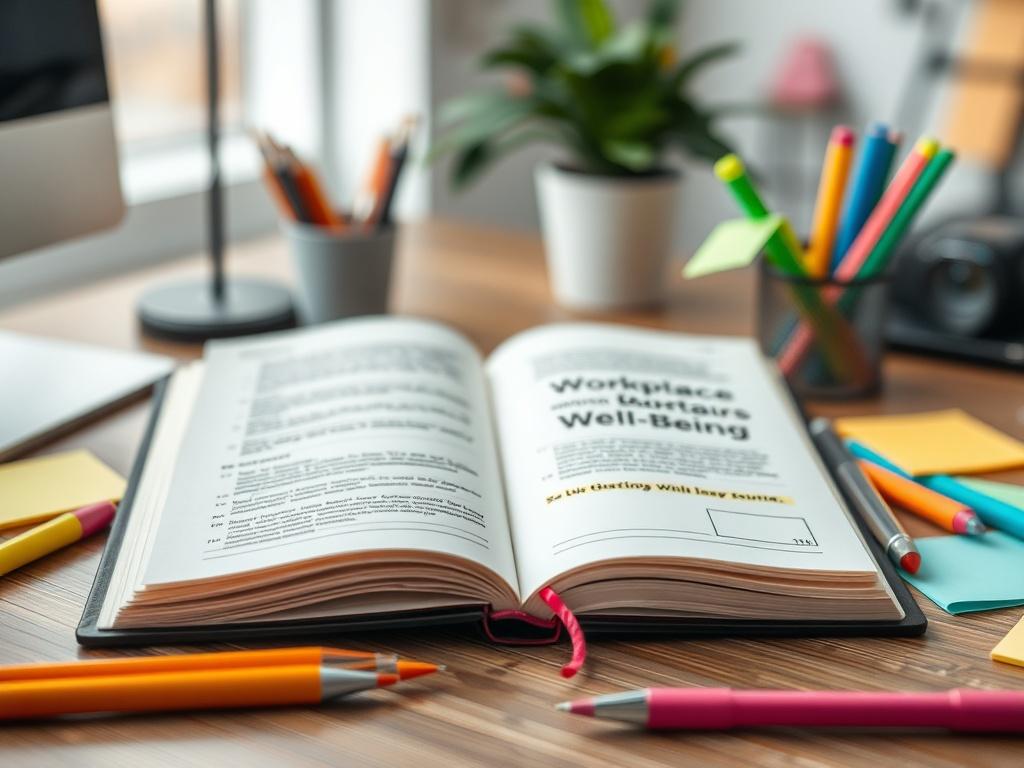 An aesthetically pleasing close-up image of the Workplace Well-Being Journal open on a desk with colorful pens and sticky notes scattered around. The background should be softly blurred, emphasizing the journal and creating a serene workspace atmosphere.