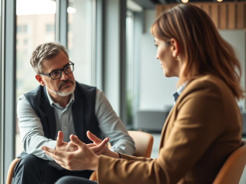 A close-up shot of a professional coaching session, featuring a mentor and a mentee engaged in discussion. The mentor demonstrates a guiding approach, while the mentee listens intently. The environment is modern and professional, emphasizing personal growth and leadership development, with soft natural lighting enhancing the mood.