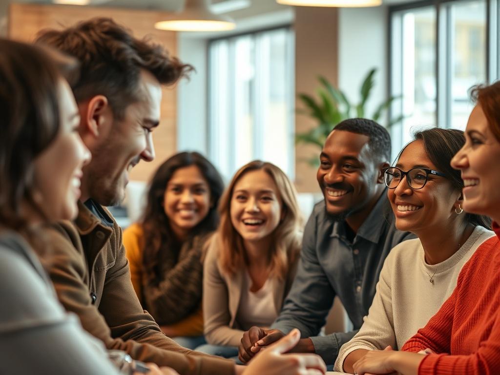 A close-up of a diverse group of people engaged in a team-building workshop, showing expressions of collaboration and enthusiasm. The setting is bright and professional, with modern furnishings and a welcoming atmosphere. The focus is on the participants interacting and sharing ideas, with warm colors that evoke a sense of togetherness.