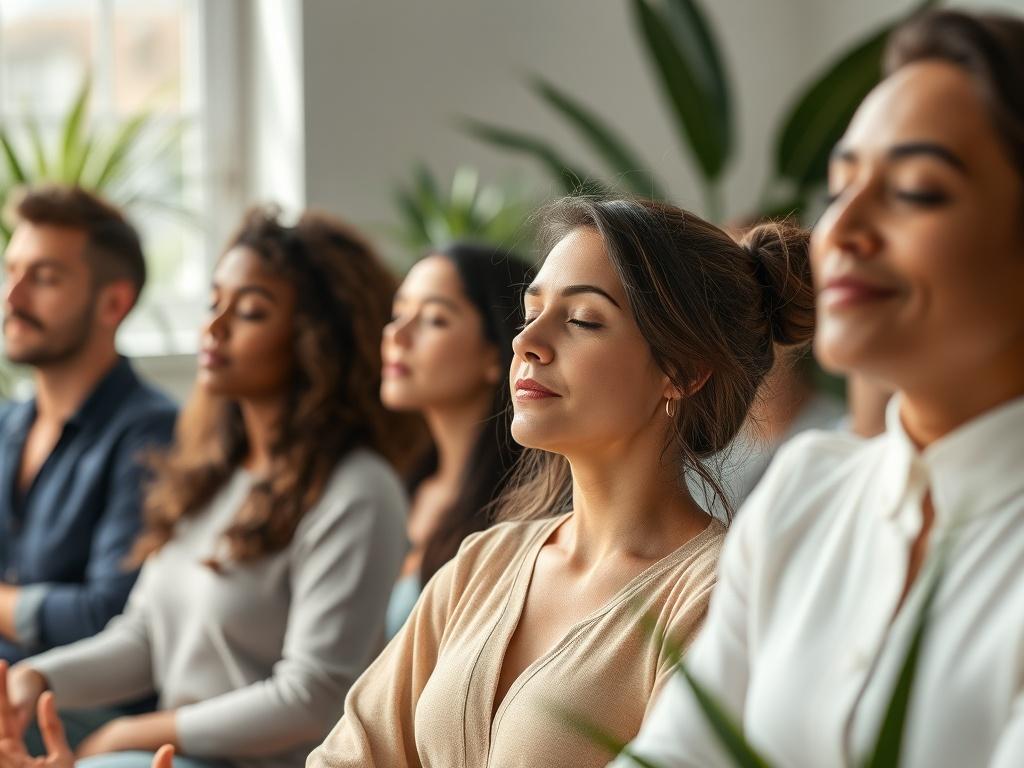 A close-up of a serene wellness workshop scene, featuring participants practicing mindfulness and relaxation techniques together. The setting is calming, with plants and natural light creating a soothing atmosphere. Focus on the participants' serene expressions, highlighting the benefits of well-being practices in a professional environment.