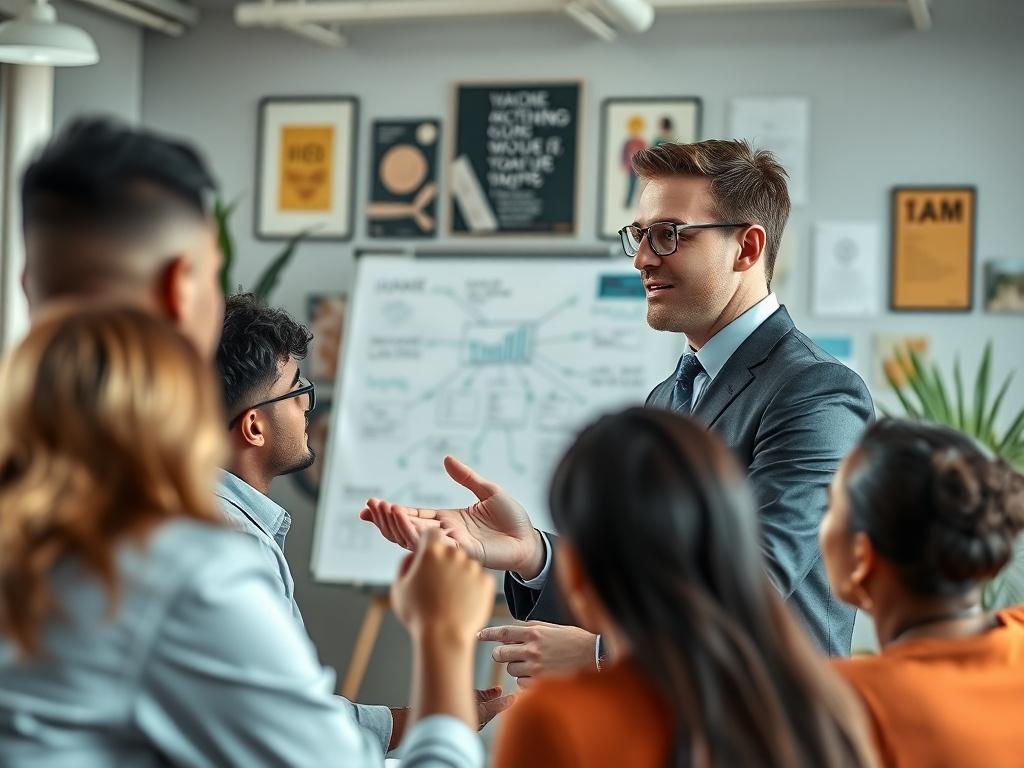 A close-up shot of a professional, engaged consultant speaking to a diverse group of team members in a modern office setting. The background shows a well-lit, inviting workspace with plants and motivational posters. The consultant is animated, gesturing towards a whiteboard filled with ideas. The image should convey collaboration and teamwork, with a focus on the consultant's enthusiasm and the team's attentiveness, shot with a 45mm f/1.2 lens.