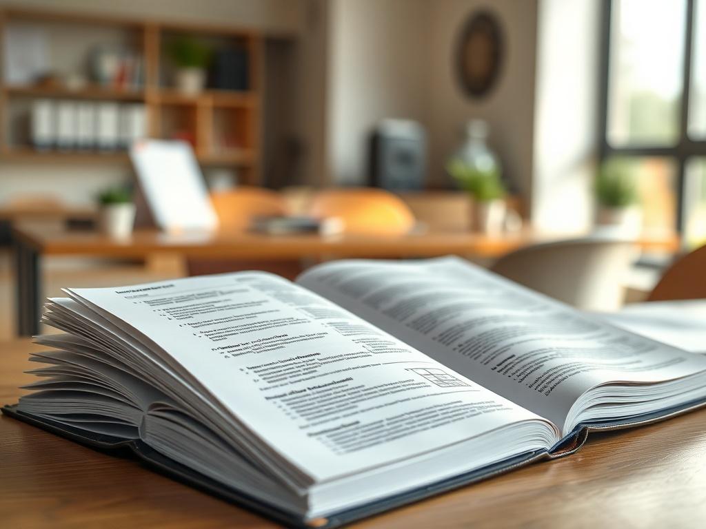 A close-up shot of an open workbook on a desk, showcasing pages filled with exercises and notes. The background is a soft-focus office environment with natural light illuminating the pages, creating an inviting and educational atmosphere.