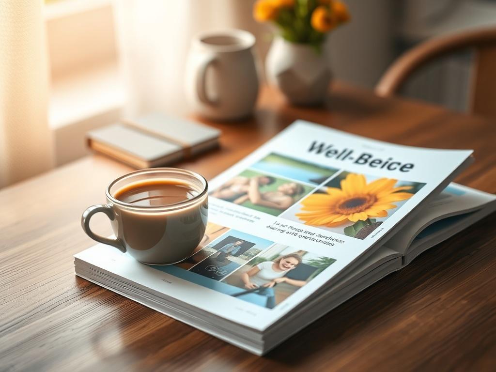 A close-up shot of a printed guide on a cozy workspace table, featuring a cup of coffee next to it. The guide displays vibrant and engaging visuals while the background remains softly blurred, emphasizing relaxation and focus on well-being.
