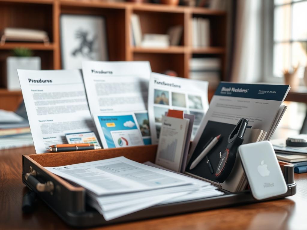 A close-up shot of a professional-looking toolkit with various resources like brochures, templates, and guides displayed. The toolkit is set on a wooden desk with a warm, inviting background and soft natural light, showcasing its contents clearly for a professional atmosphere.