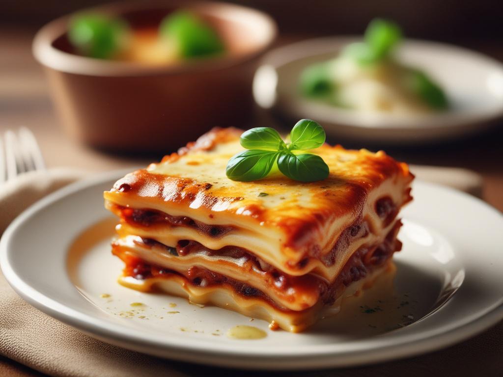a close-up shot of a freshly baked lasagne in a beautiful ceramic dish, rich golden cheese bubbling on top, garnished with fresh basil, warm lighting highlighting the texture, set on a rustic wooden table, hyper-realistic, shot with a 45mm f/1.2 lens style