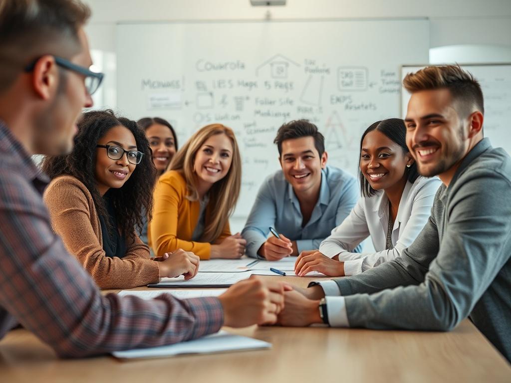 A close-up shot of a diverse group of professionals engaged in a discussion around a conference table. The setting is bright and modern, with a focus on their expressions of collaboration and engagement. The background includes a whiteboard with notes and ideas, creating a dynamic atmosphere that reflects teamwork and strategy.