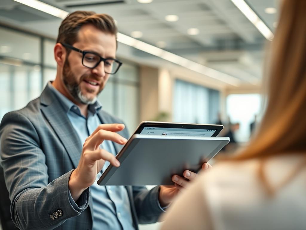 A focused image of a consultant presenting a tailored strategy on a digital tablet to a client. The background shows a sleek office environment, with a bright atmosphere. The consultant is engaging and passionate, illustrating charts and plans on the tablet, symbolizing innovation and a forward-thinking approach.