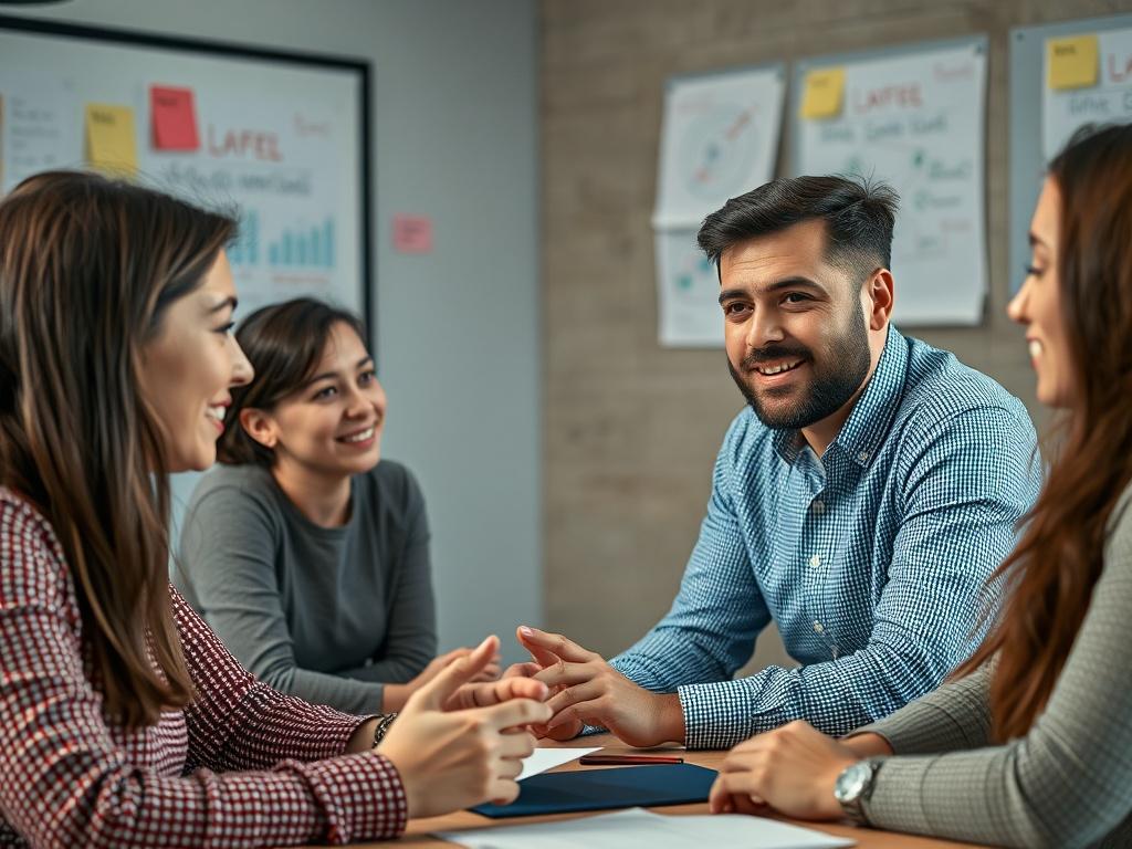 A close-up shot of a team meeting, featuring employees sharing feedback and discussing progress. The environment is collaborative, with notes and visuals on a wall. The team's expressions reflect engagement and commitment to improvement, showcasing a culture of open communication.