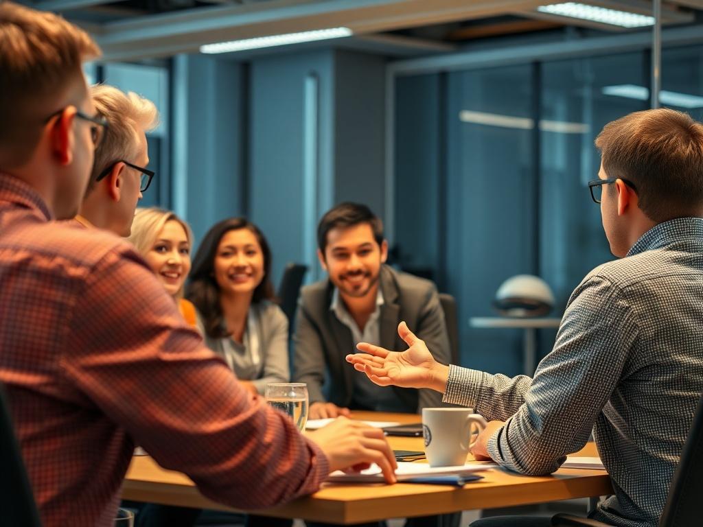 A high-resolution image of a workshop in progress, with a facilitator engaging a group of employees. The setting is interactive, with participants actively involved in discussions and activities. The atmosphere conveys energy and motivation, highlighting the collaborative spirit of the training environment.