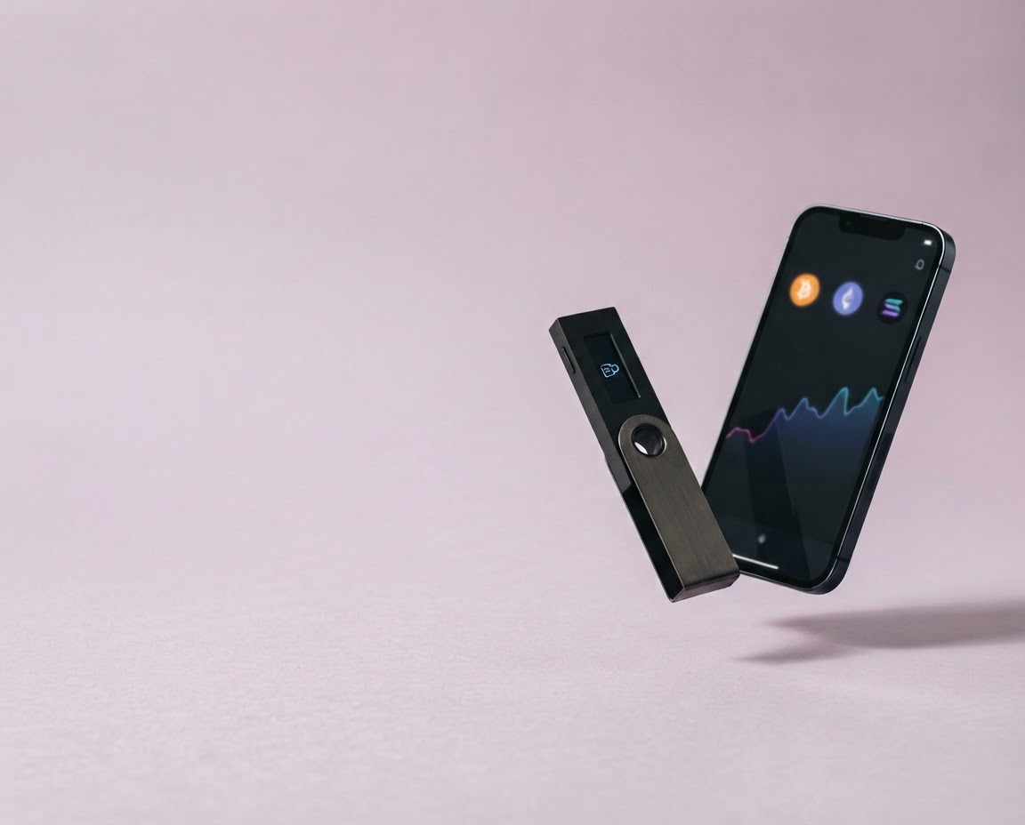 A Ledger-style hardware wallet beside a smartphone on a soft lavender background