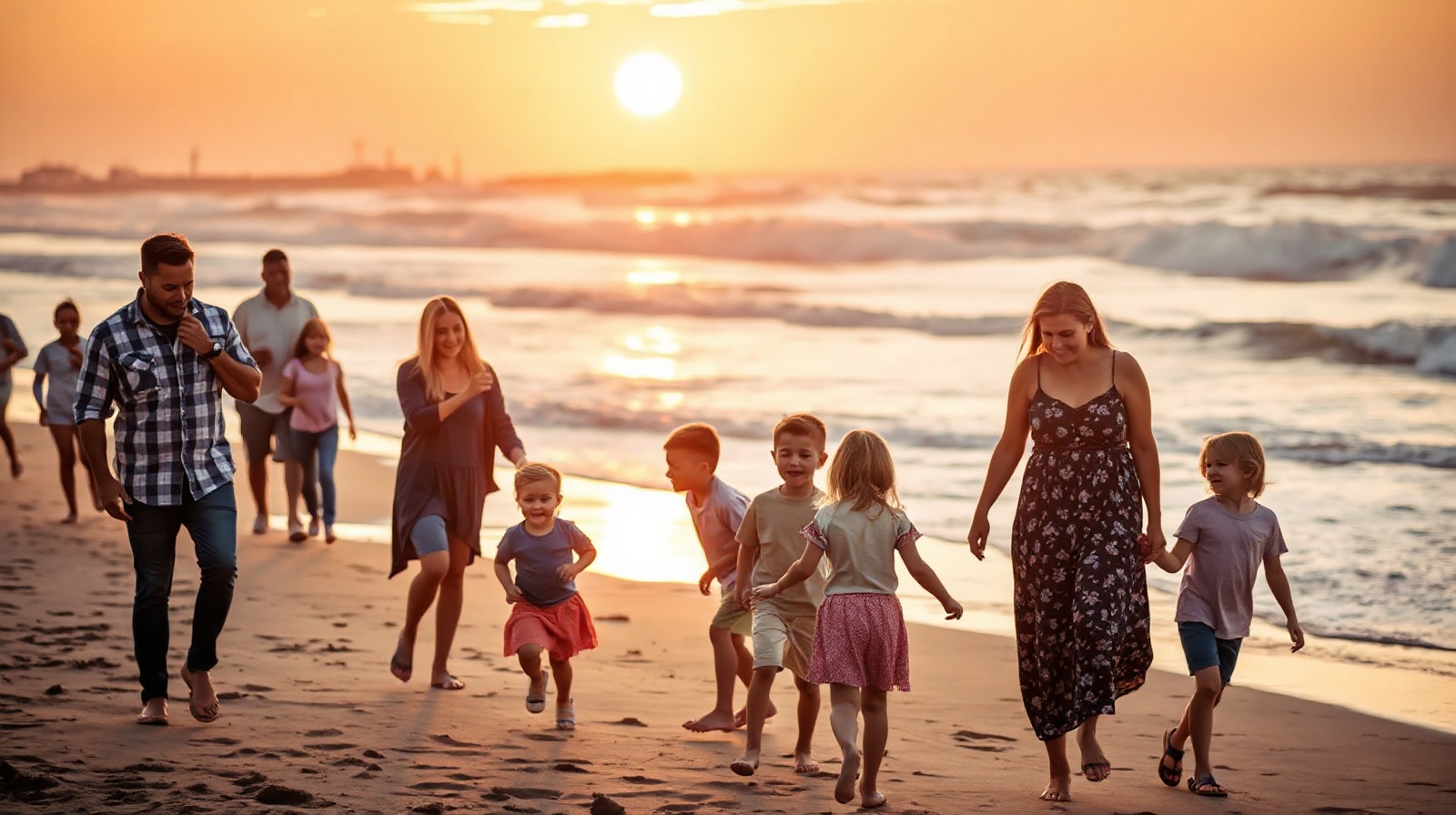 Kids and parents at California sunset
