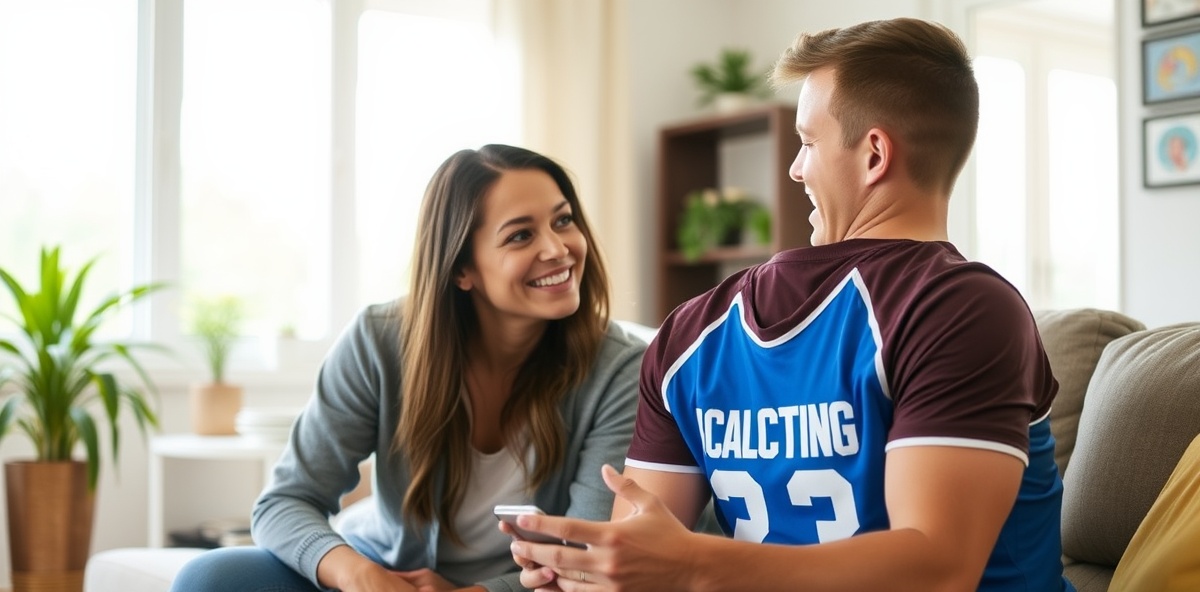 Parent and young athlete having supportive conversation
