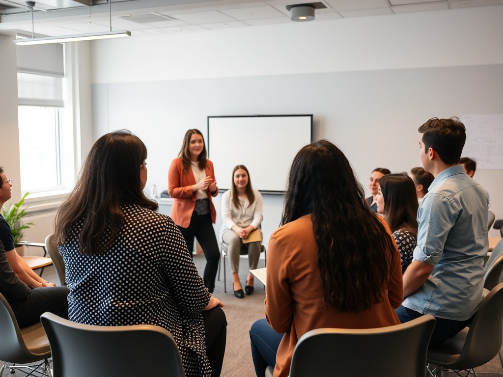 Workshop facilitation with group in circle, active engagement