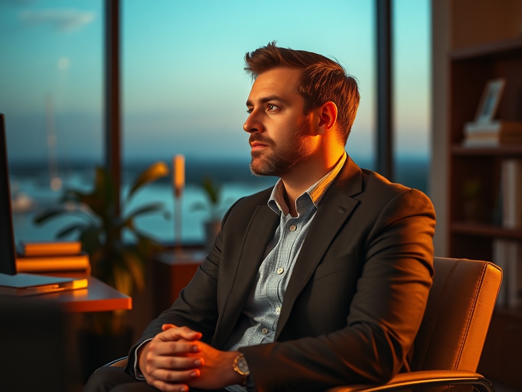 Executive leader with calm presence at golden hour