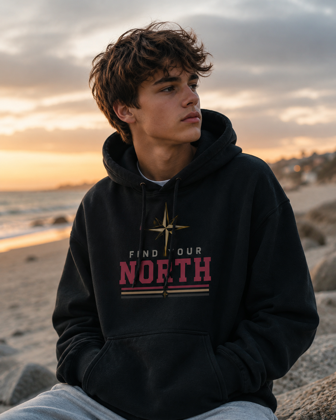 Solo teenager facing horizon at golden hour