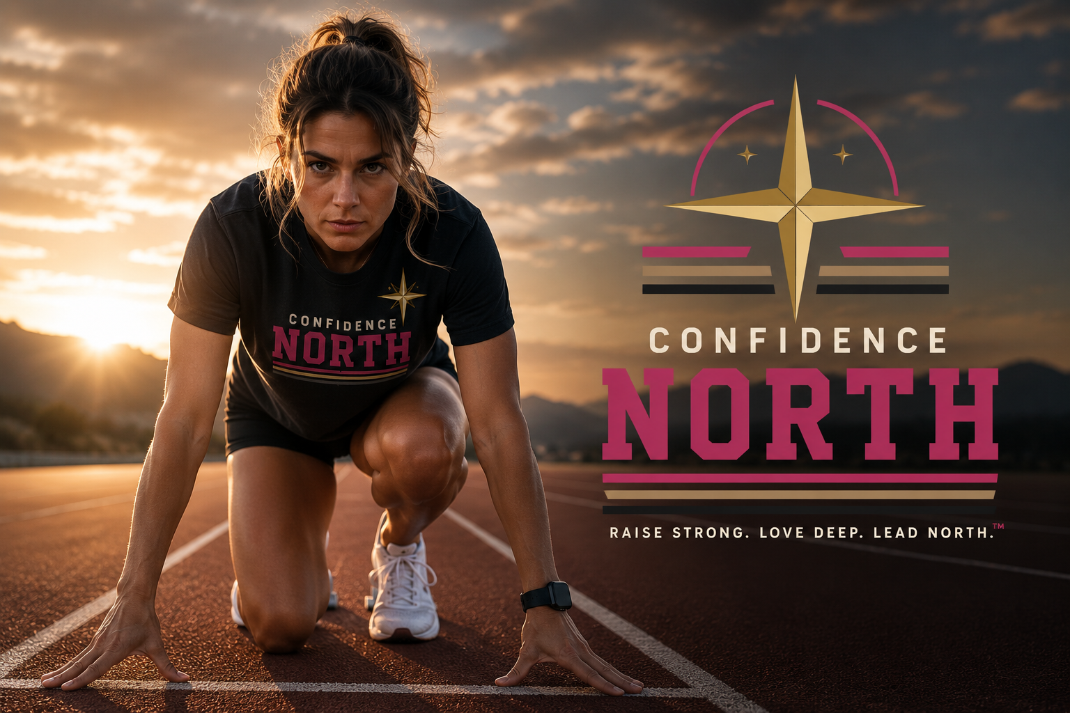 Athlete in starting position on running track with compass overlay