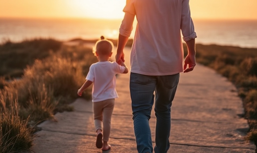 Parent walking with child on coastal path