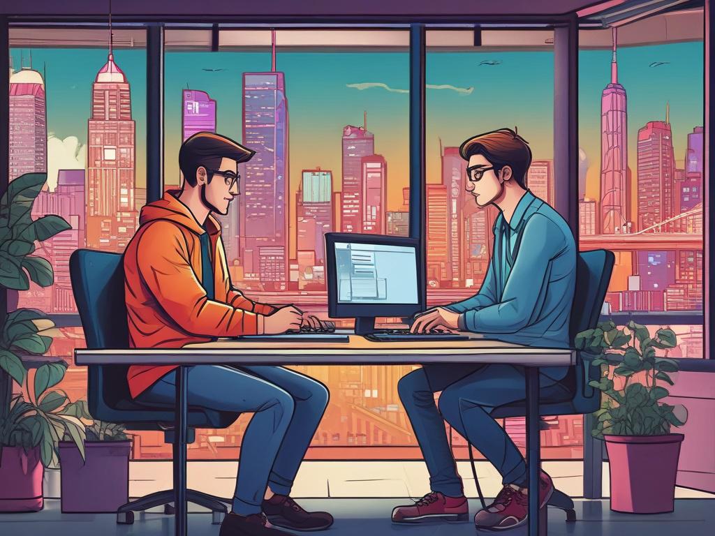 A high-quality illustration depicting a modern, sleek workspace with a software developer focused on building a blockchain application. The developer is seated at a desk with dual monitors displaying code and digital designs. The background showcases a vibrant city skyline, symbolizing innovation and technology. The overall atmosphere is dynamic and energetic, with the primary color scheme incorporating rgb(2, 86, 197) prominently in various elements like the screens and office decor.
