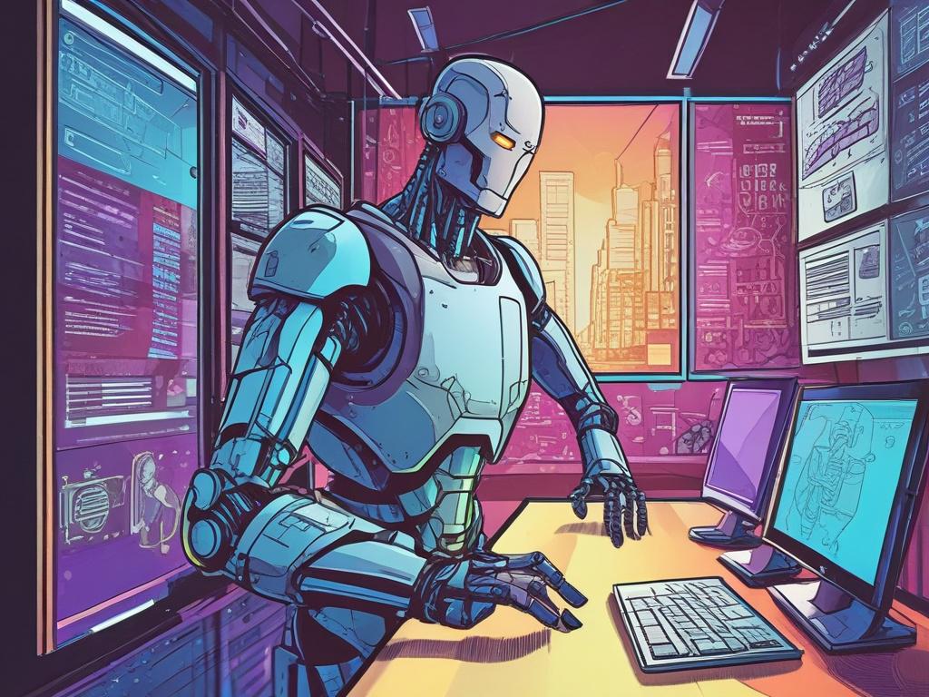 A vivid, dynamic comic-style illustration of a sleek, futuristic AI robot efficiently managing business workflows on multiple glowing digital screens. The robot is interacting with holographic payment tracking and data organization interfaces. The background is a clean, modern digital workspace with stylized graphs and flowcharts in the primary color rgb(2, 86, 197). The composition is simple and clear, focusing on the single AI robot as the subject, highlighting efficiency and clarity without any text or a
