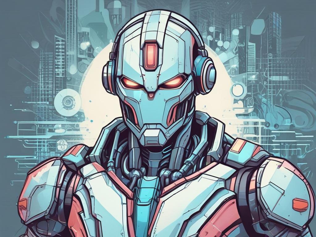 A vibrant and dynamic comic-style illustration of an AI agent bot, designed as a futuristic robot with sleek features and glowing accents. The bot should be engaging with digital interfaces and data streams, showcasing its intelligence and automation capabilities. The background should be a high-tech environment with abstract representations of AI and technology, emphasizing innovation and efficiency. The overall color scheme should complement the primary color rgb(2, 86, 197), incorporating shades that enh