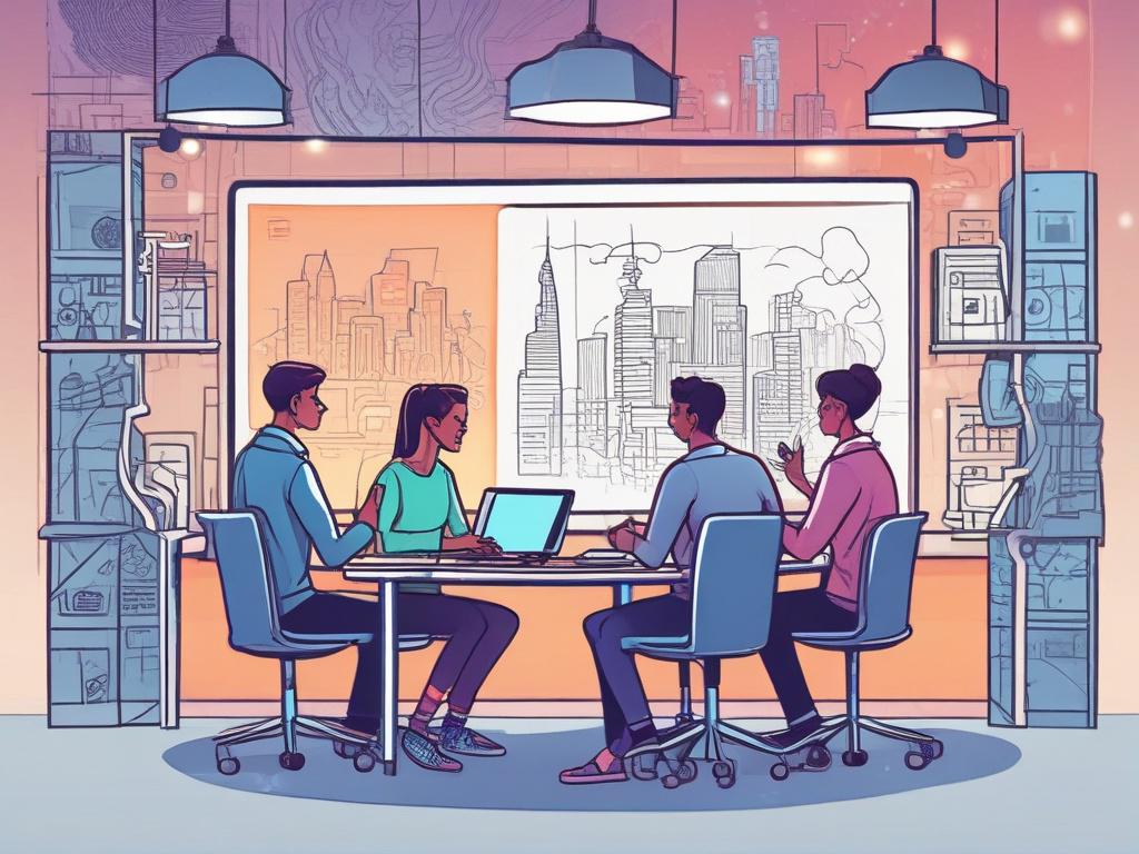 An energetic comic-style illustration of a diverse team brainstorming around a digital whiteboard filled with flowcharts and Web3 icons, with a glowing futuristic cityscape in the background. The artwork uses vivid colors with strong rgb(2, 86, 197) highlights to symbolize innovation and collaboration.