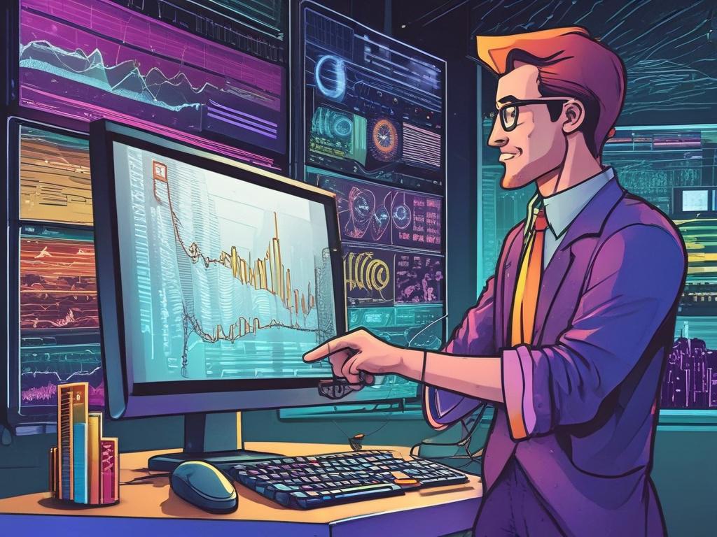 A detailed illustration of a high-tech blockchain dashboard displaying real-time financial data streams, charts, and token balances, with a focused analyst interacting with the interface. The comic art style is vivid and colorful, using a dominant rgb(2, 86, 197) palette to convey trust, precision, and modern technology.