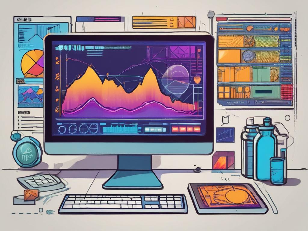 A high-quality illustration of a computer screen displaying a vibrant dashboard filled with colorful charts and graphs, representing automated reporting in the context of cryptocurrency and blockchain. The screen should be the central focus, with a sleek and modern design, showcasing visual analytics. The background should be minimalistic to emphasize the screen, with hints of blockchain elements like digital coins or networks subtly integrated. The colors should be vivid and dynamic, compatible with the pr