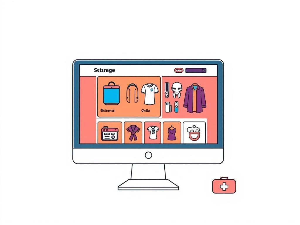 An illustration of a modern online store interface showcasing various products like electronics, clothing, and accessories. The design should be simple and clean, focusing on a computer screen displaying the store homepage with vibrant colors. The background should be minimalistic, emphasizing the online shopping experience.