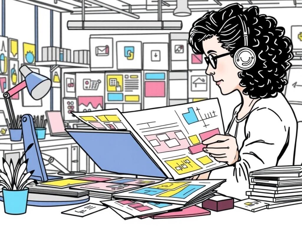 A high-quality illustration of a creative advertising scene featuring a designer working on a colorful print advertisement. The designer is surrounded by various printed materials like flyers and business cards. The background shows a modern design studio with vibrant colors and tools, emphasizing creativity and innovation in advertising. The style is a crisp, solid black line drawing compatible with the rgb(2, 86, 197) primary color.