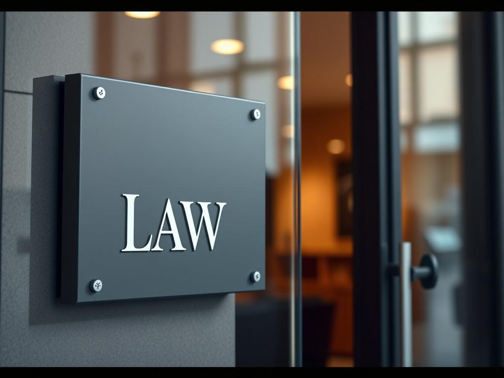 A hyper-realistic close-up shot of a law office entrance, featuring a prominent sign with the law firm's name. The setting should convey professionalism, with a blurred background emphasizing the office's inviting atmosphere, shot with a 45mm f/1.2 lens.