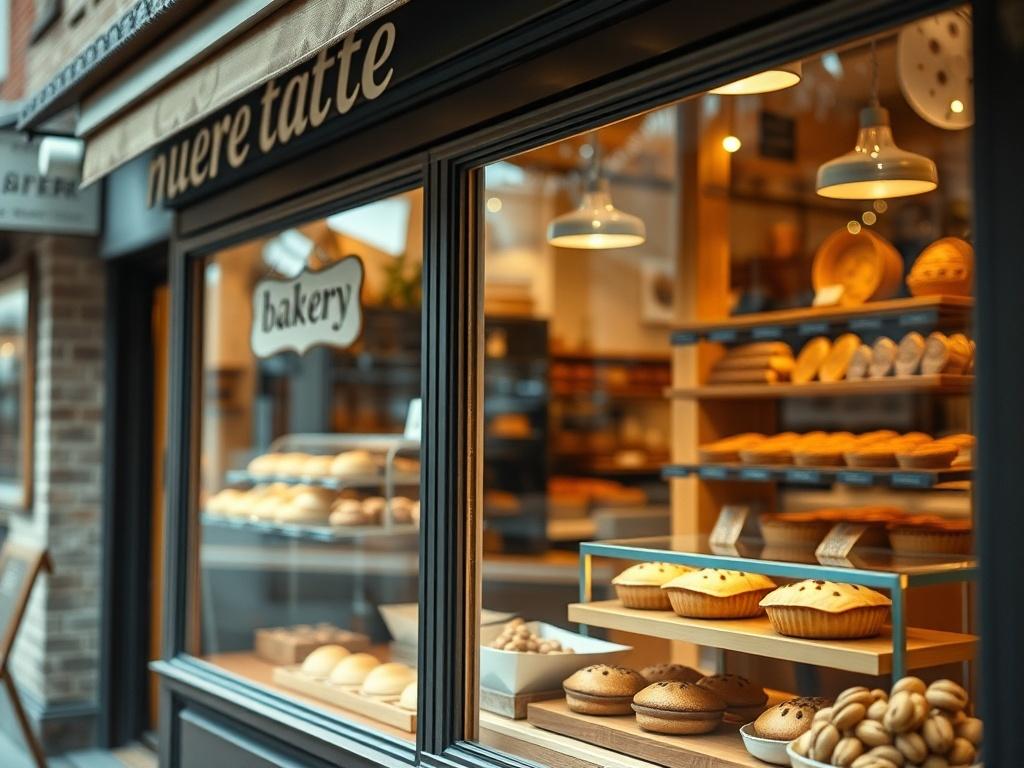 A hyper-realistic close-up shot of a bakery storefront with a welcoming atmosphere, showcasing freshly baked goods in the window. The background should be blurred to focus on the bakery's enticing products, captured with a 45mm f/1.2 lens.