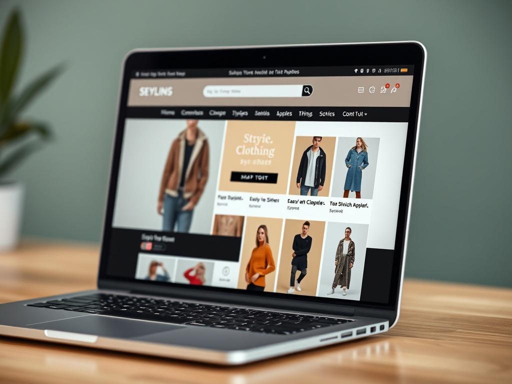 A hyper-realistic close-up shot of an online clothing store's website displayed on a laptop screen, showcasing stylish apparel and an easy-to-navigate interface. The background should be softly blurred to highlight the laptop, captured with a 45mm f/1.2 lens.