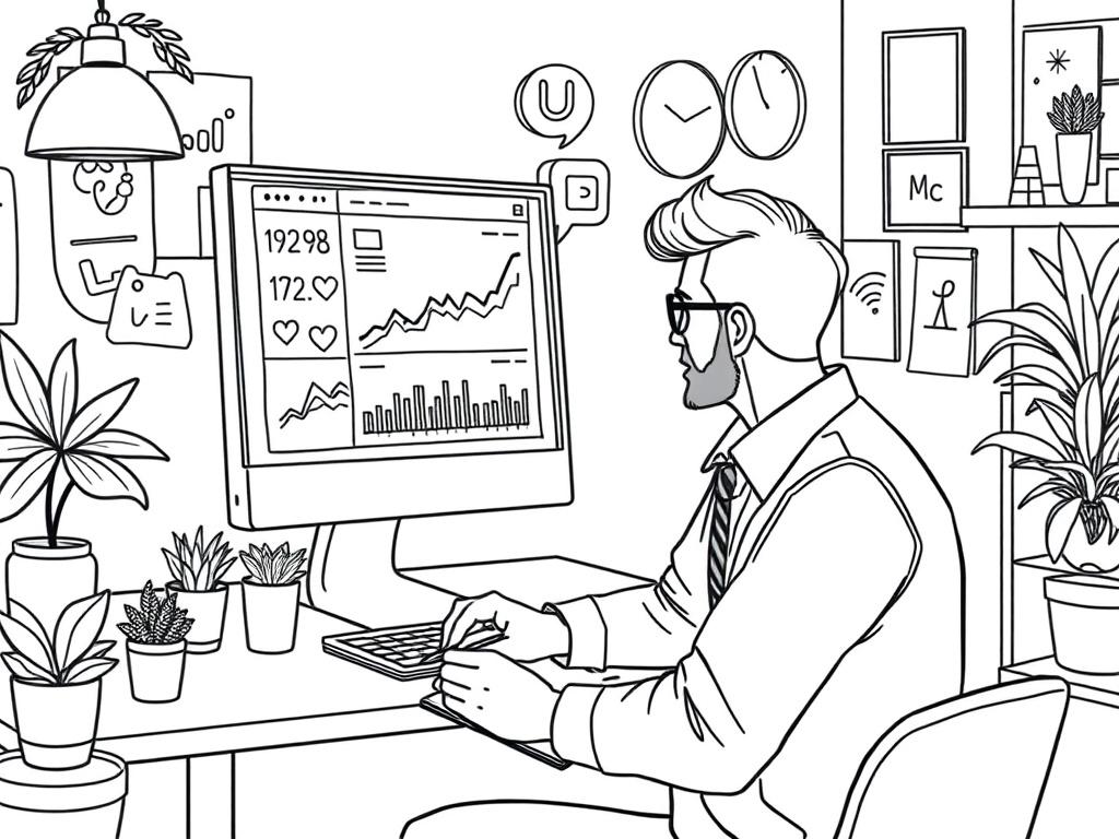 A social media manager analyzing engagement metrics on a computer screen in a trendy workspace. The image shows various social media icons on the screen and the manager jotting down ideas on a notepad. The background includes vibrant decor, reflecting a creative atmosphere. This scene highlights the dynamic nature of social media management and the importance of data analysis.