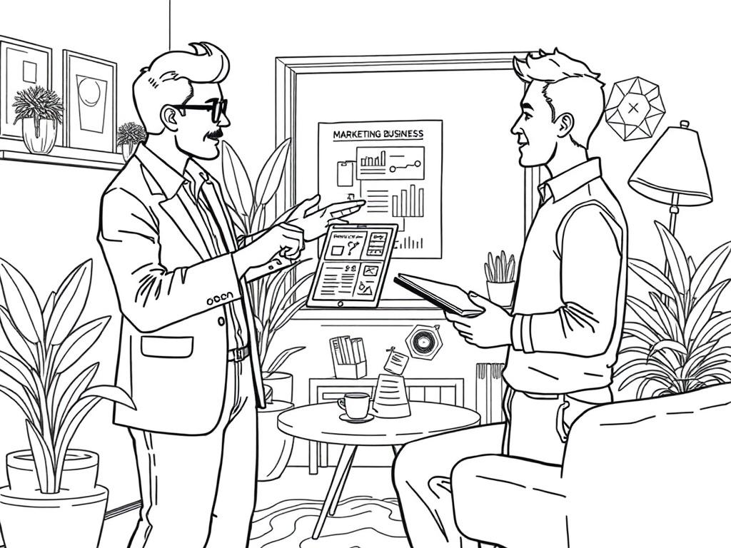 A marketing consultant presenting a strategy to a small business owner in a cozy office setting. The consultant is pointing at a digital tablet displaying marketing insights, while the business owner takes notes. The room is decorated with plants and has a welcoming atmosphere. The scene emphasizes the importance of personalized consulting and strategic planning in marketing.