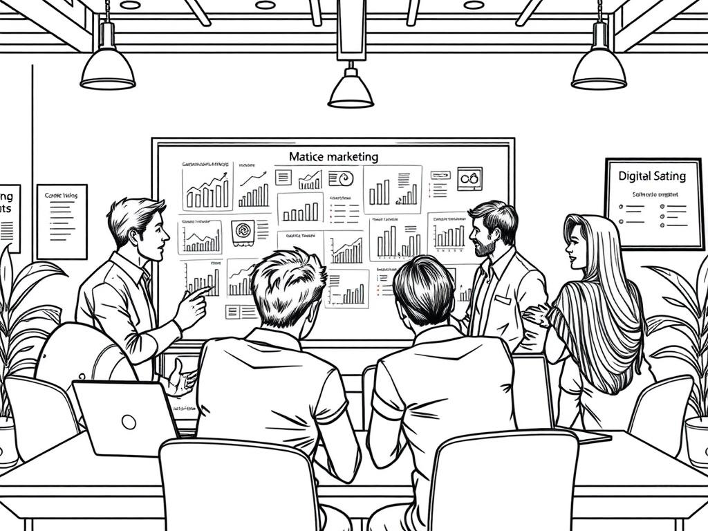 A professional marketing team working together in an office environment, brainstorming and discussing marketing strategies. The scene includes a whiteboard filled with colorful charts and graphs, laptops open with digital marketing analytics displayed, and team members engaging in conversation. The background shows a modern office setting with bright lighting and motivational posters. The focus is on collaboration and innovation in digital marketing.