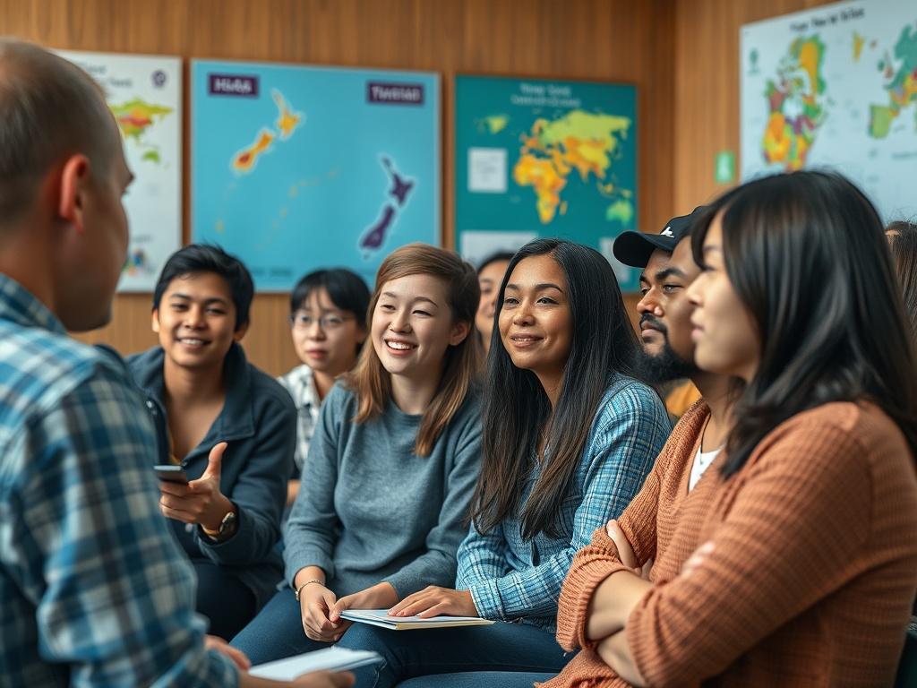 A close-up shot of a diverse group of students engaged in a cultural orientation workshop. The setting includes visuals of New Zealand culture and maps, with students actively participating in discussions. The atmosphere is vibrant and collaborative, showcasing enthusiasm and a sense of community among future students.