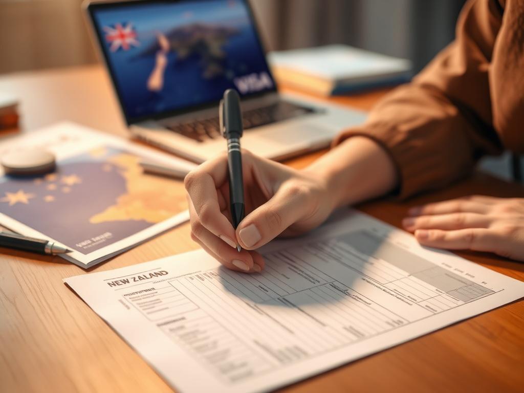 A close-up shot of a person filling out a visa application form on a desk, with New Zealand-related travel documents and a laptop in the background. The image conveys a sense of focus and determination, with warm lighting creating an inviting atmosphere. The scene showcases a blend of personal effort and professional support.