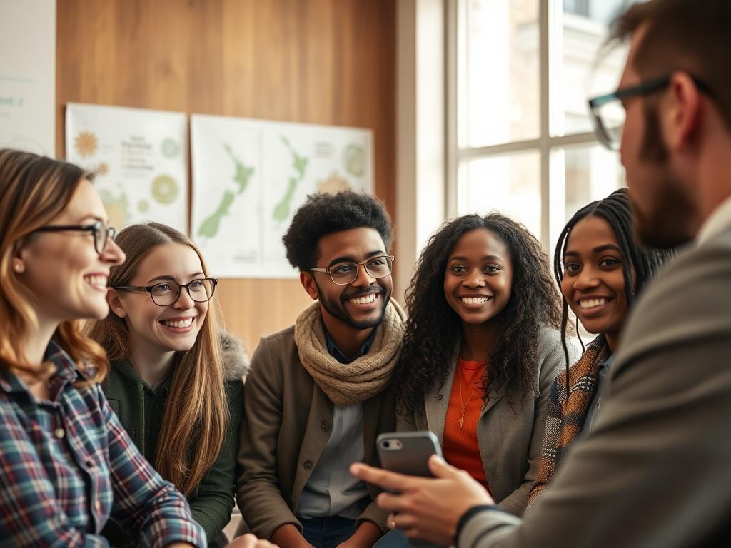 A close-up shot of a diverse group of students engaging in a consultation session with an advisor. The setting is bright and welcoming, featuring educational materials and maps of New Zealand in the background. The image captures the students' focused expressions, highlighting the personalized attention they receive. The overall tone is encouraging and supportive, with natural light enhancing the atmosphere.