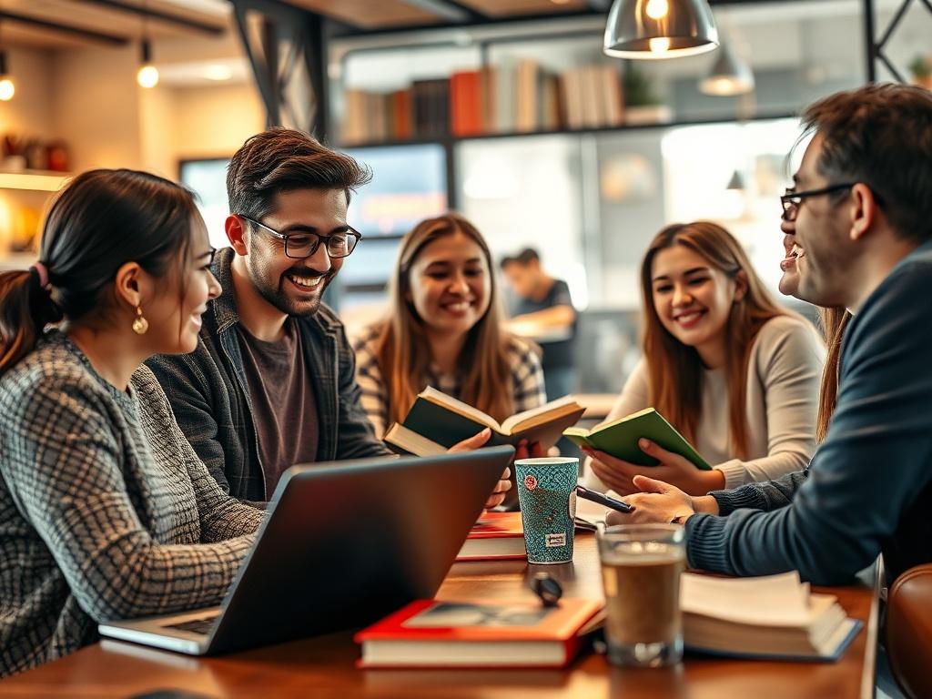 A close-up shot of a diverse group of students engaged in a lively discussion at a coffee shop. They are surrounded by books and laptops, showcasing a collaborative study environment. The background is softly blurred to emphasize their interaction. The lighting is warm and inviting, creating a welcoming atmosphere that reflects the excitement of pursuing education in New Zealand.